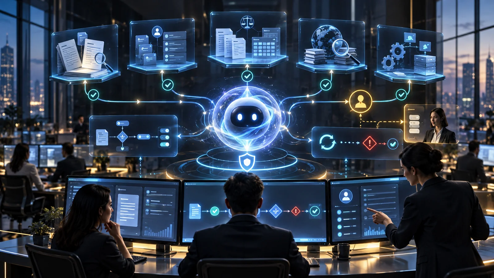 Illustration of enterprise AI agents coordinating business workflows with human approval