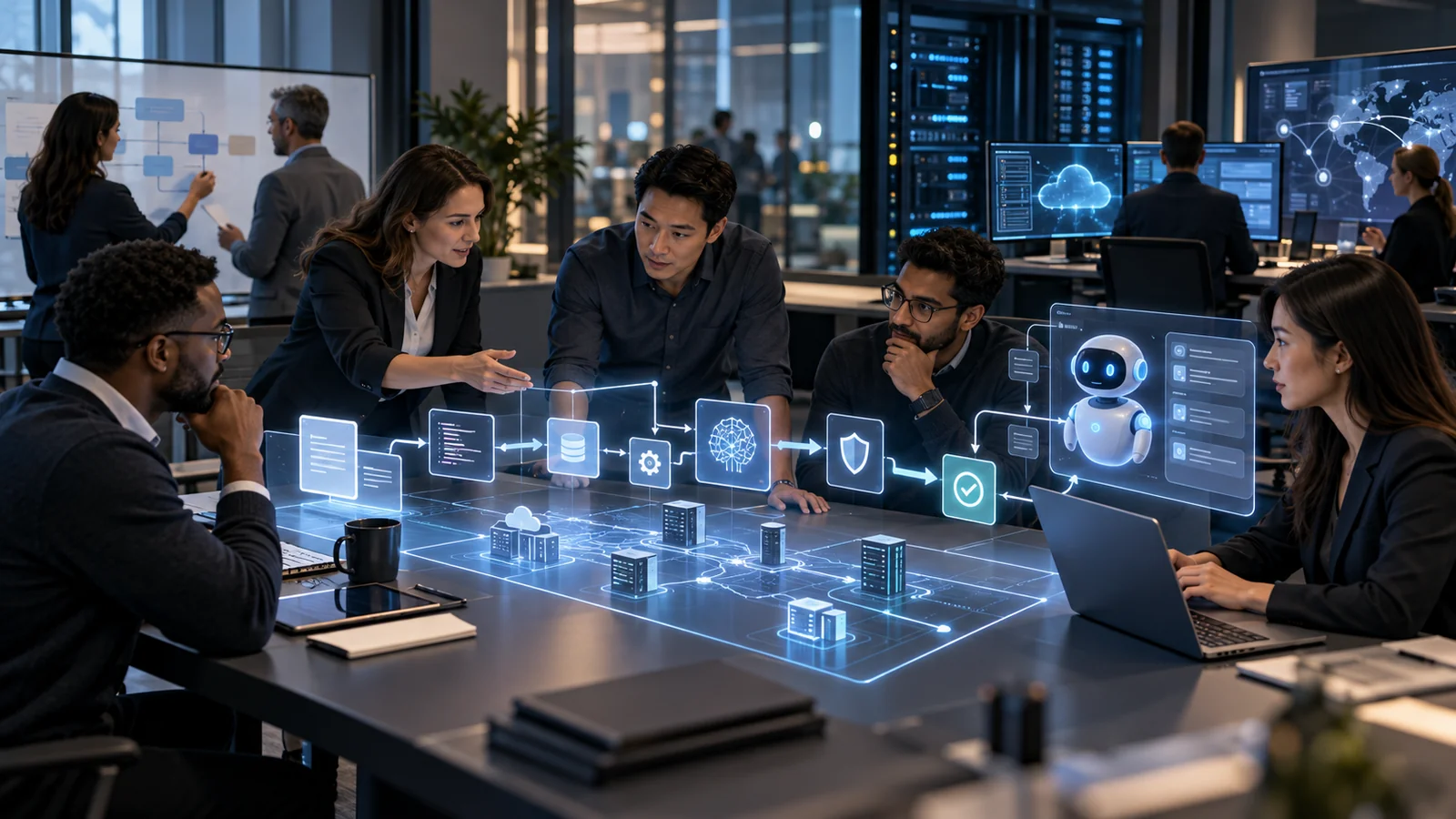 Illustration of engineers connecting enterprise workflows, data and private AI infrastructure