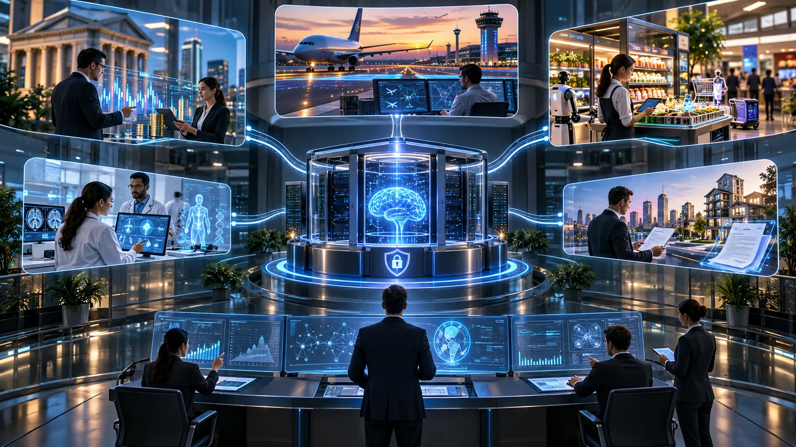 Illustration of private AI infrastructure supporting banking, aviation, retail, healthcare and property workflows