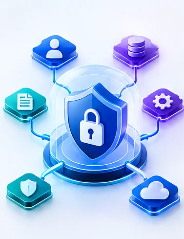 Illustration: Security controls connecting identity, documents, data, tools and cloud infrastructure