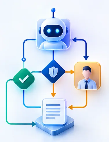 Illustration: AI actions passing through guardrails and human approval