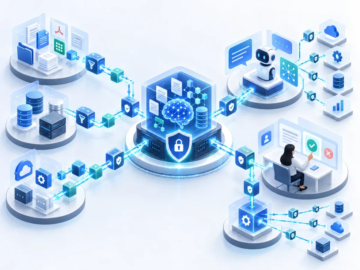 Enterprise documents and systems connected to secure retrieval, AI agents and human approvals