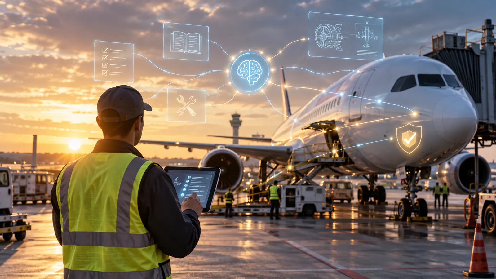 Airline ground operations employee using a governed AI assistant beside an aircraft