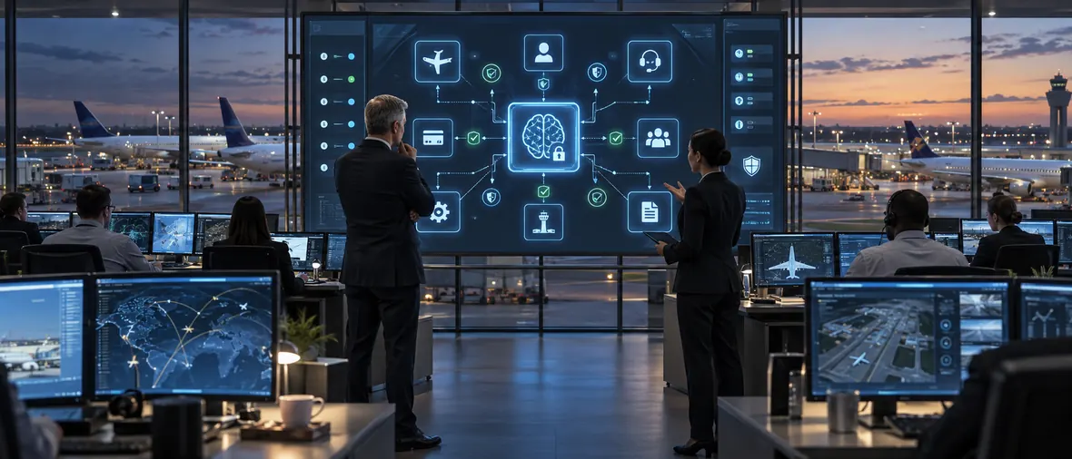 Airline operations team reviewing a conceptual AI control layer