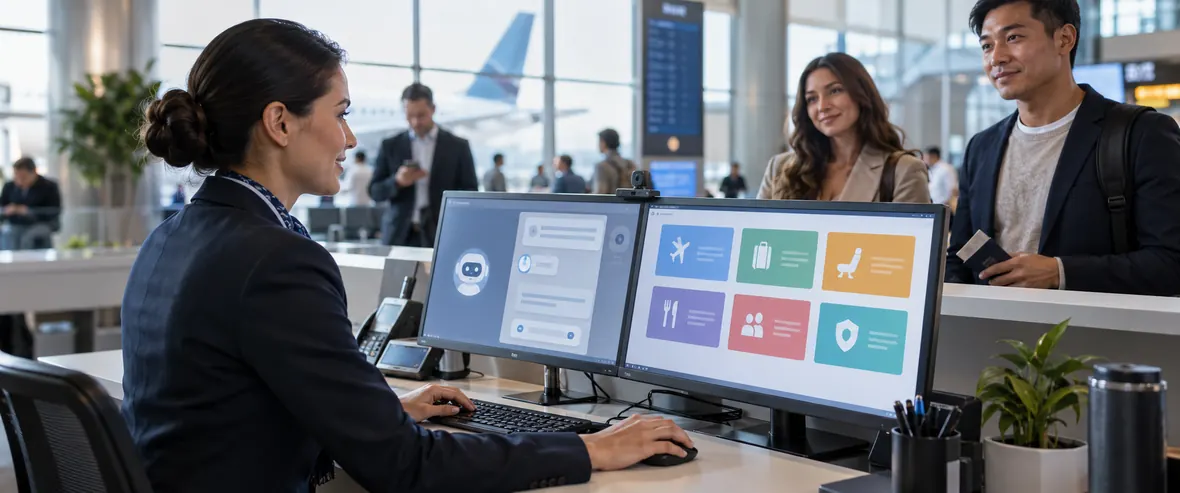 Airline service employee using an assistant while helping passengers