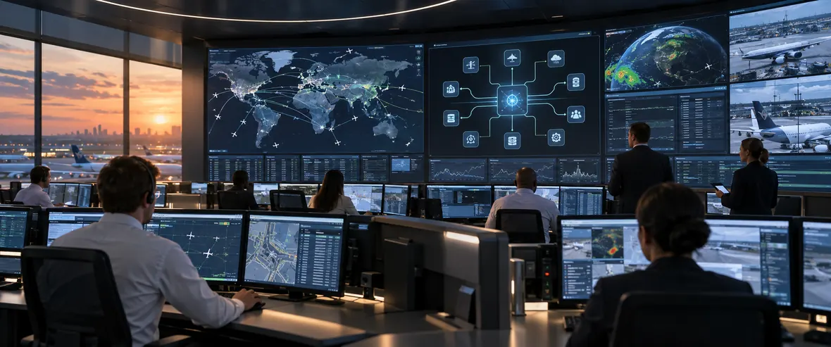 Airline operations center reviewing workloads and model routing