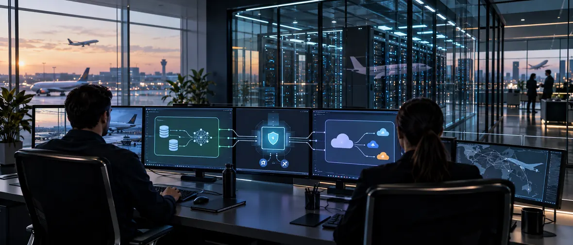 Airline technology staff reviewing private and approved external processing paths