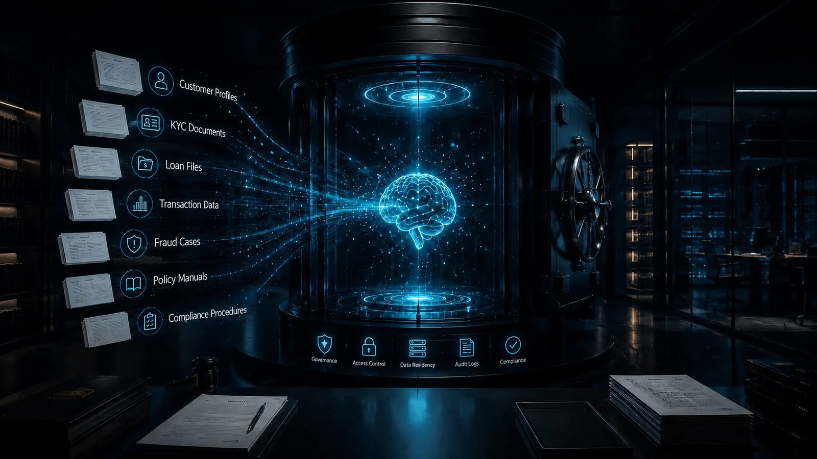 Private banking AI data control architecture with customer profiles, KYC documents, loan files, transaction data, fraud cases, policy manuals, compliance procedures, governance, access control, data residency, audit logs, and compliance