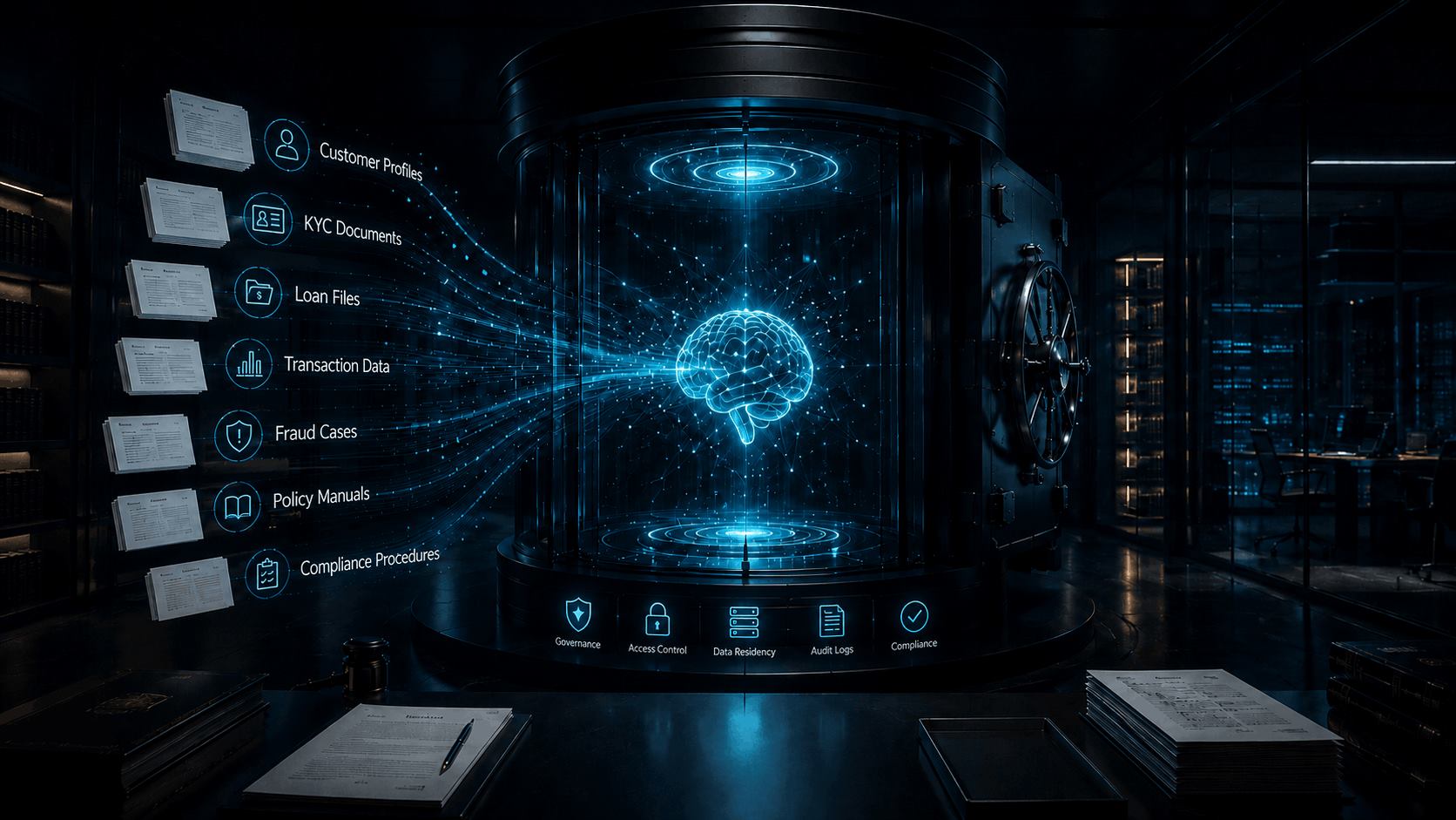 Private banking AI data control architecture with customer profiles, KYC documents, loan files, transaction data, fraud cases, policy manuals, compliance procedures, governance, access control, data residency, audit logs, and compliance