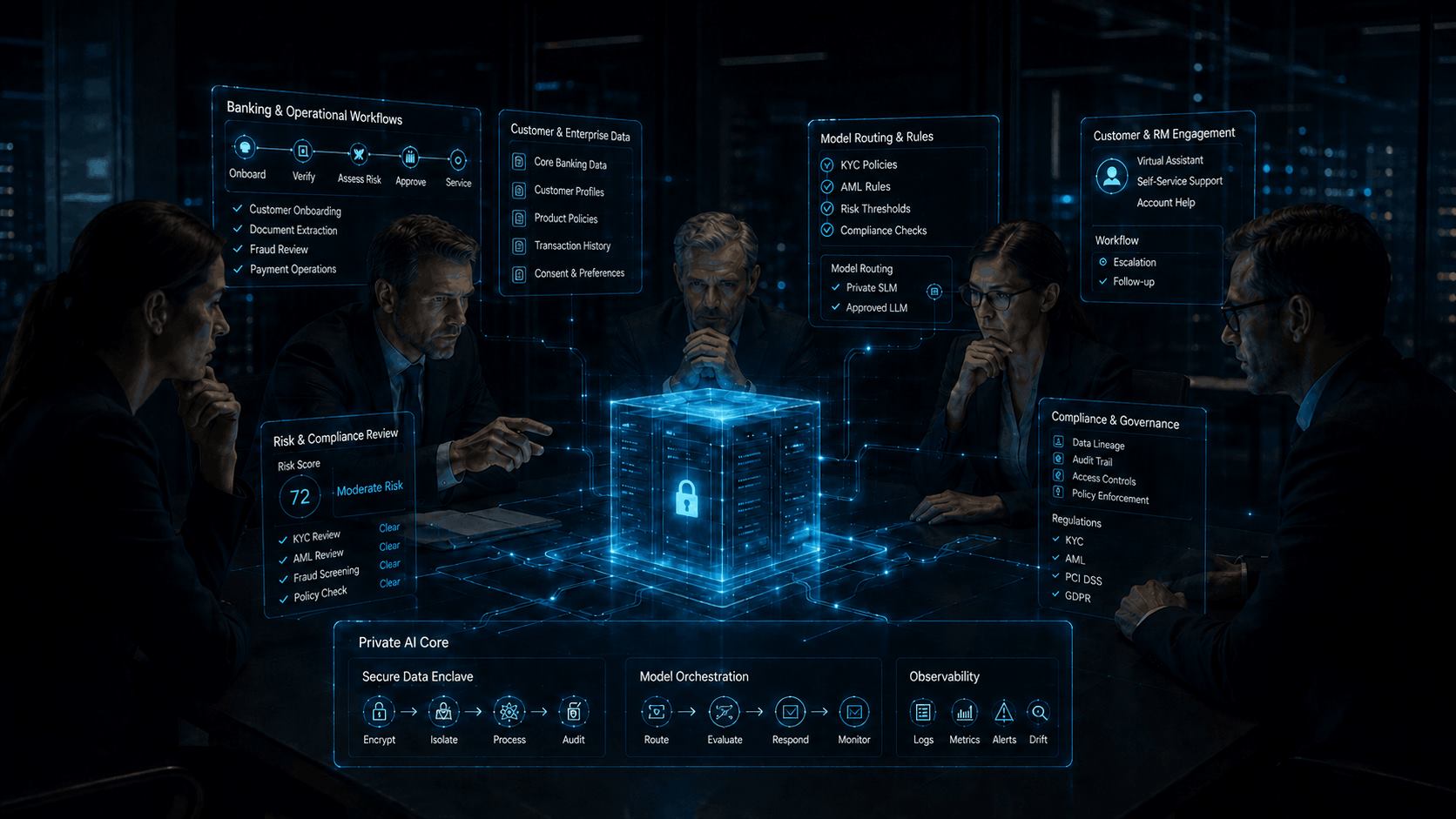 Banking AI governance architecture with banking workflows, customer data, model routing, risk review, compliance controls, and observability