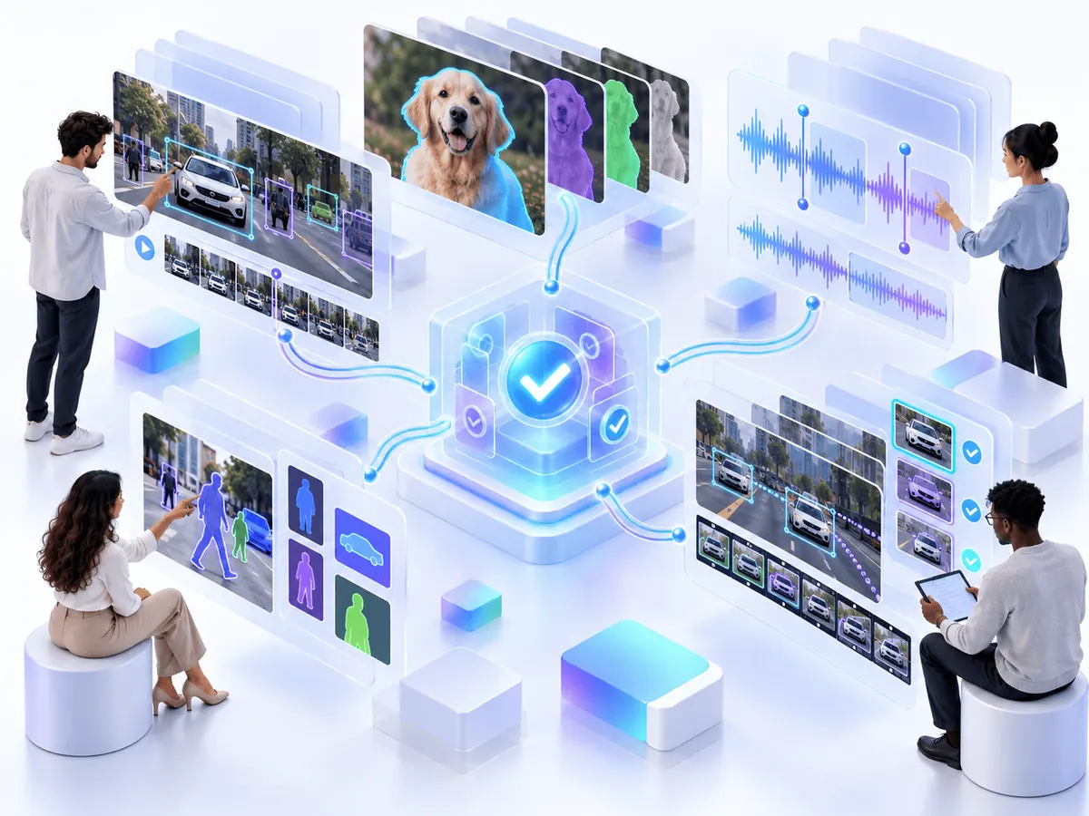 Illustration of bounding boxes, segmentation, object tracking and audio timestamps