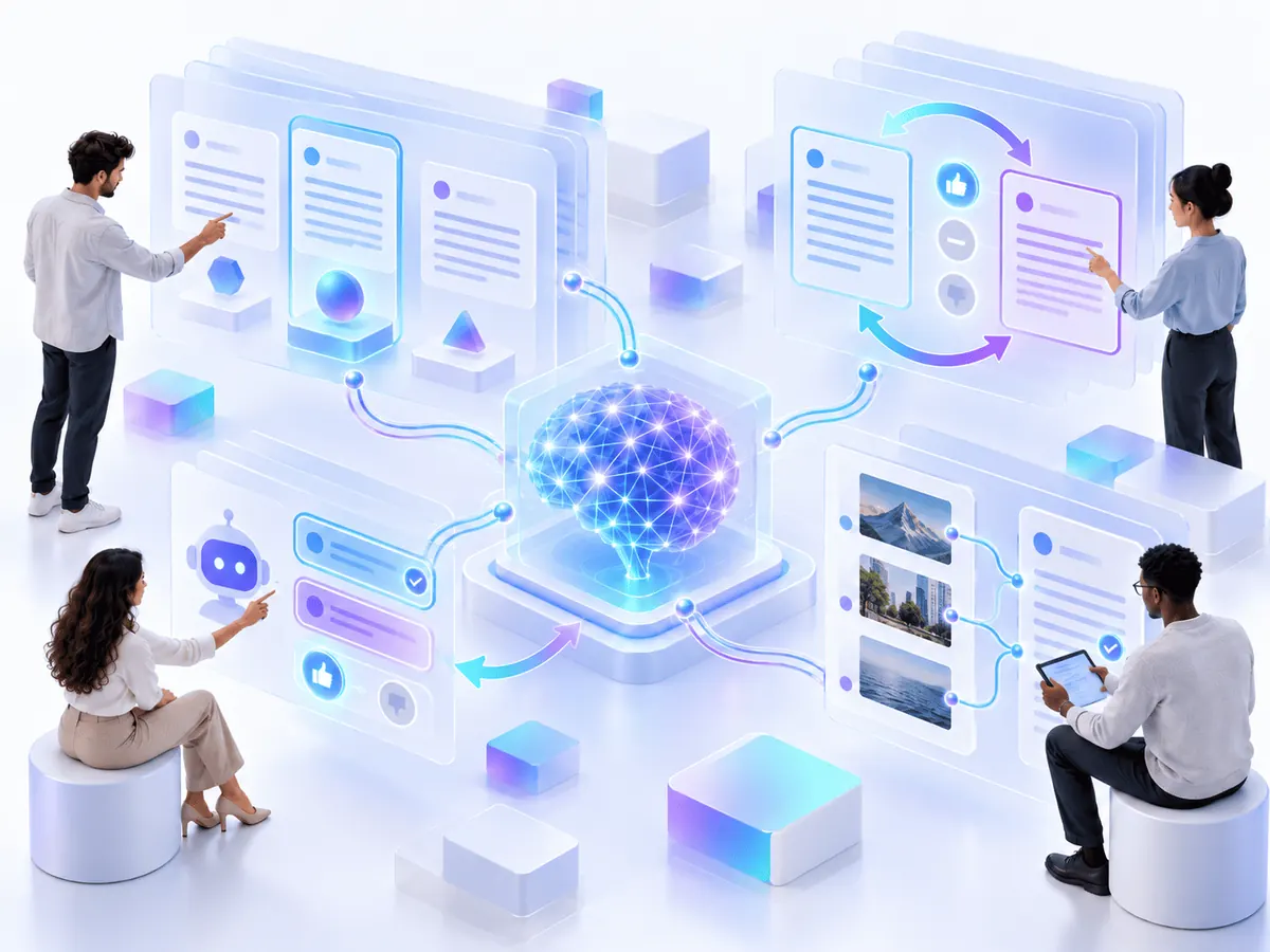 Illustration of reviewers comparing AI responses and ranking human preferences