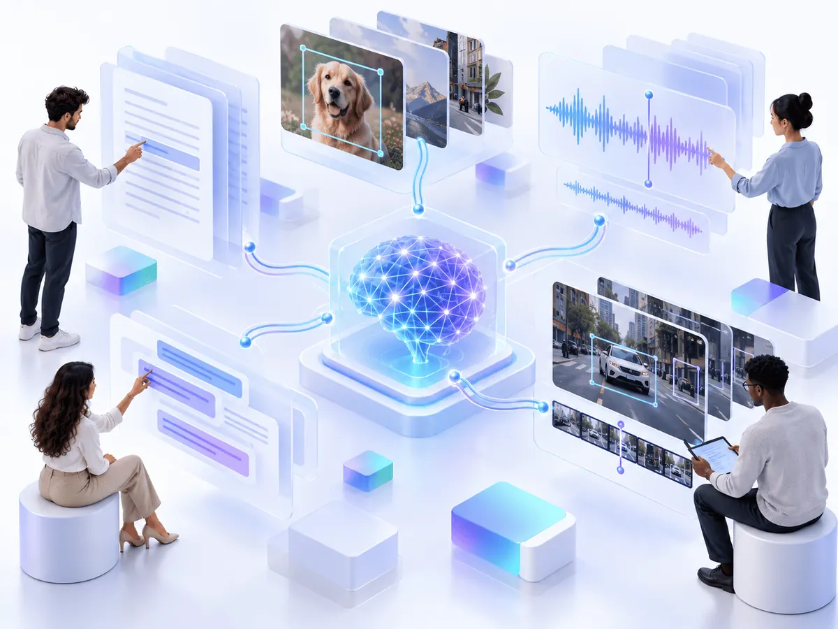 Illustration of human reviewers labeling text, images, audio and video for AI training