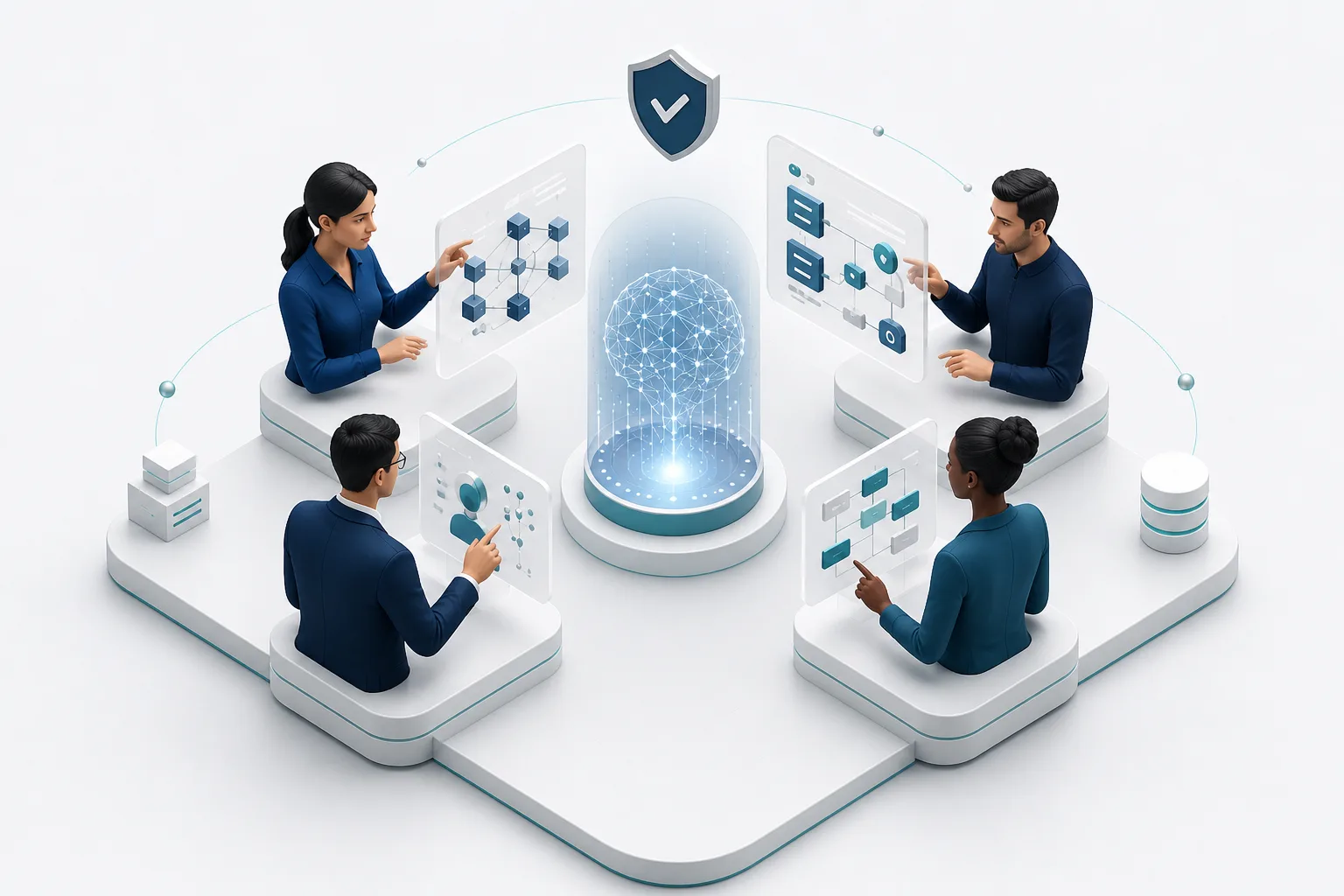 Four enterprise specialists collaborating around a governed AI system