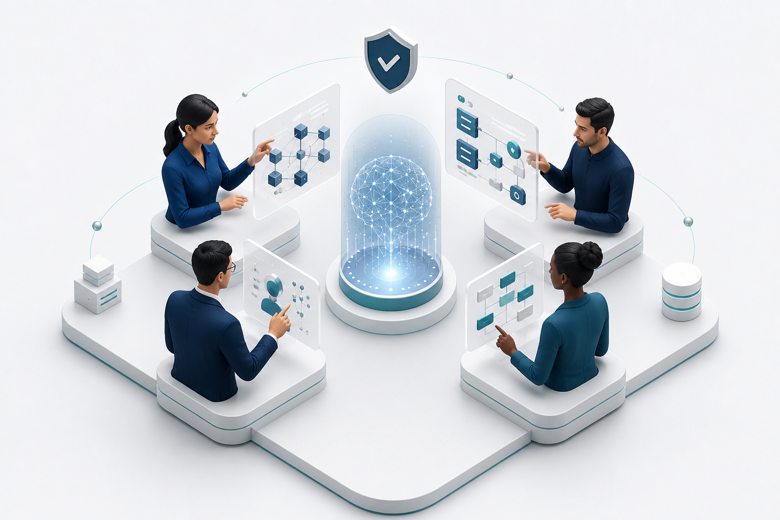 Four enterprise specialists collaborating around a governed AI system with architecture, workflow and identity interfaces