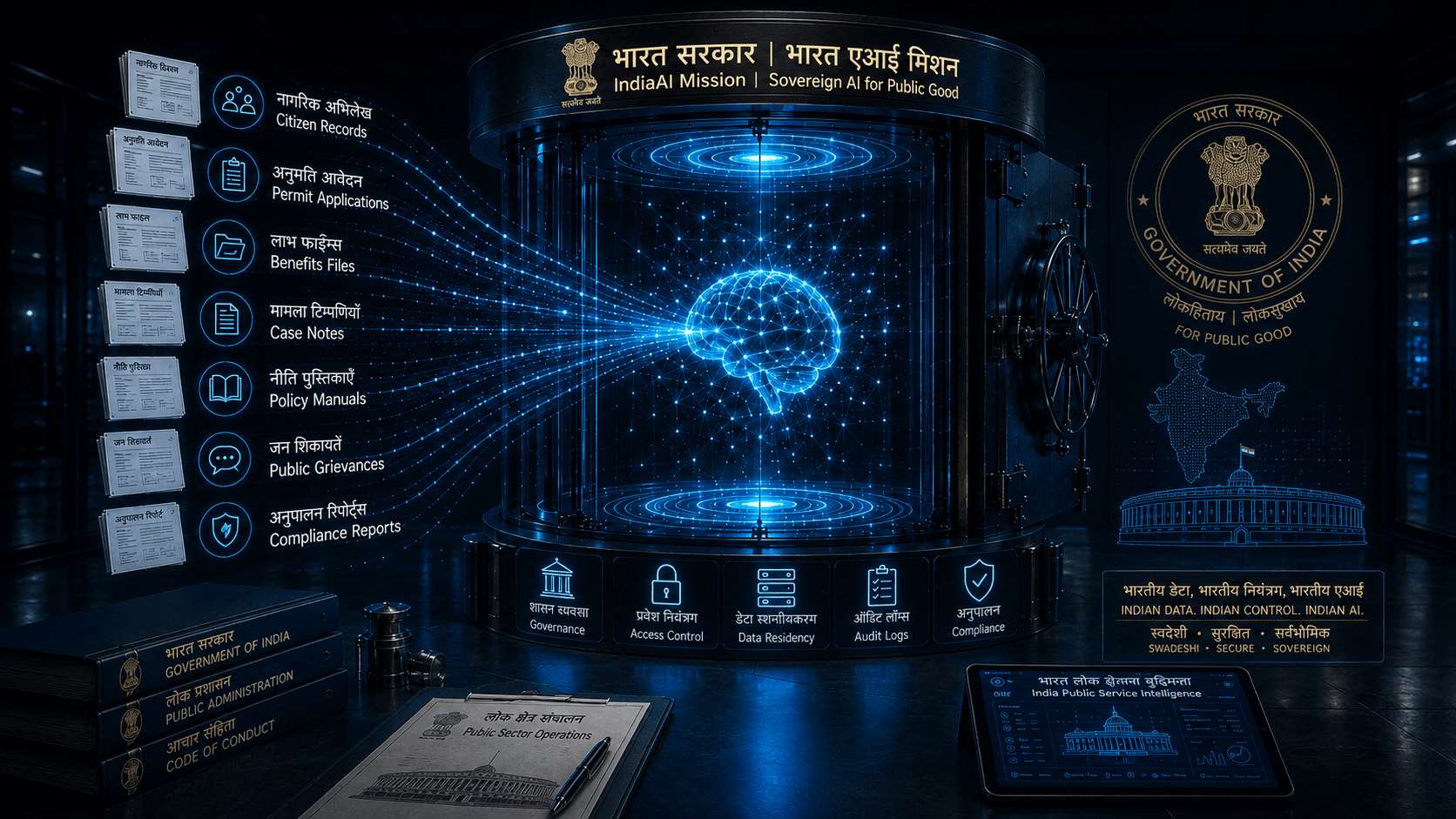 Sovereign government AI data-control architecture with policy manuals, citizen records, permit applications, benefits files, case notes, public grievances, compliance reports, data residency, access control, audit logs, and private model containment