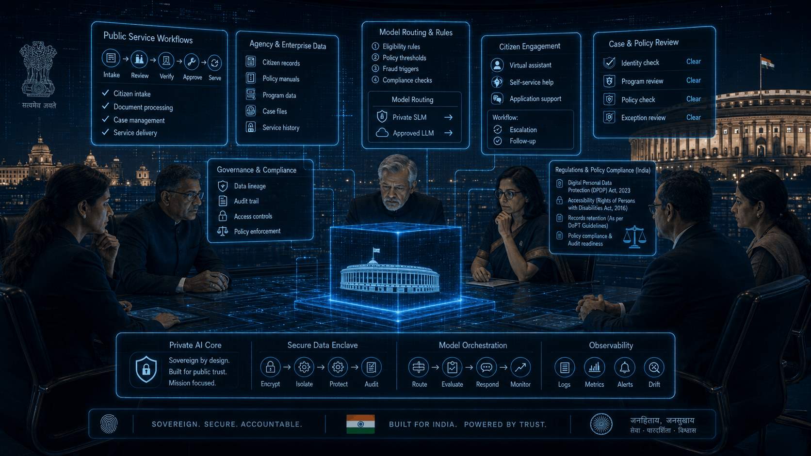 Governed government AI architecture with public service workflows, agency data, model routing, citizen engagement, case review, compliance controls, and observability