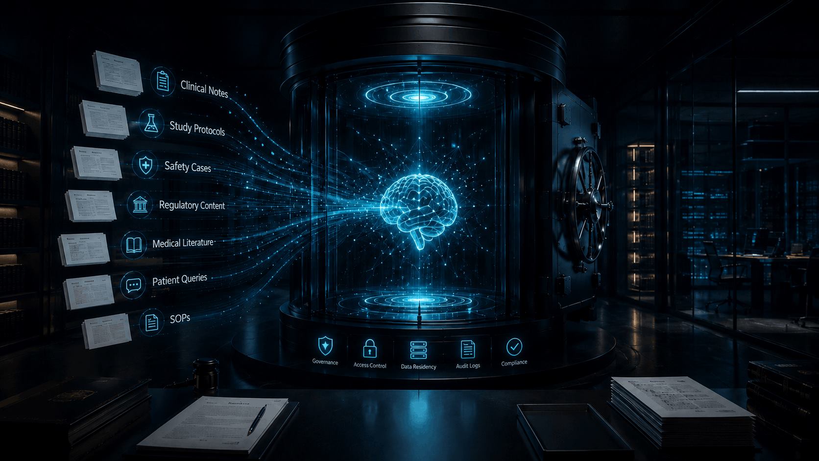 Private healthcare and pharma AI data control architecture with clinical notes, study protocols, safety cases, regulatory content, medical literature, patient queries, SOPs, governance, access control, data residency, audit logs, and compliance