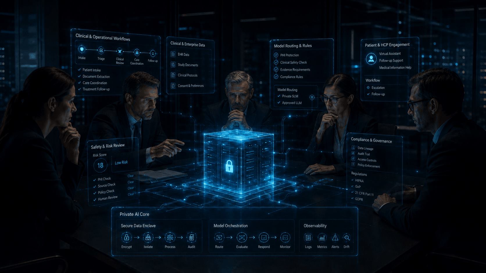 Healthcare AI governance architecture with clinical workflows, enterprise data, model routing, patient engagement, safety review, and compliance controls