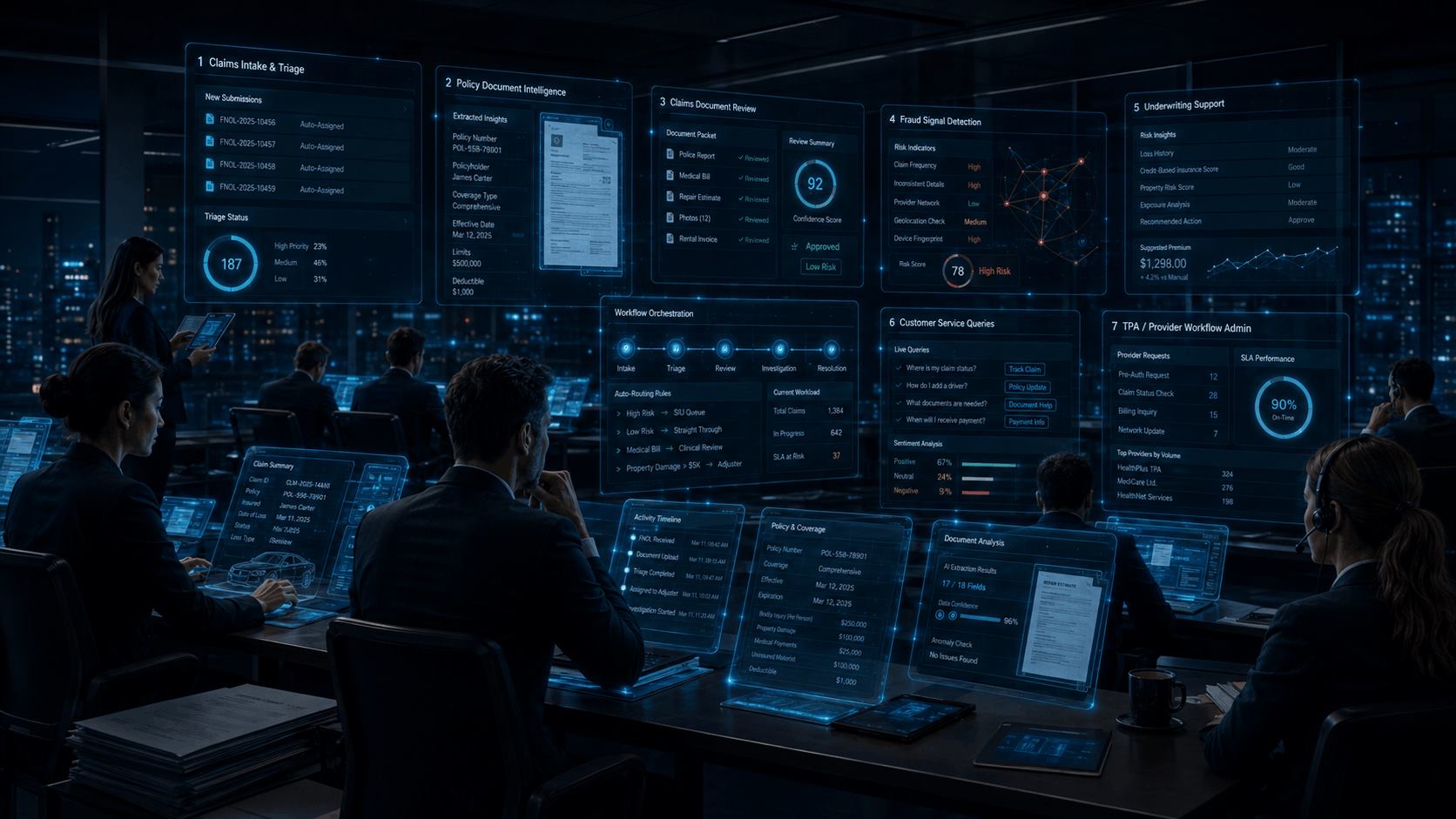 Insurance operations command center with claims intake, policy document intelligence, claims review, fraud signal detection, underwriting support, customer service, and TPA workflow administration