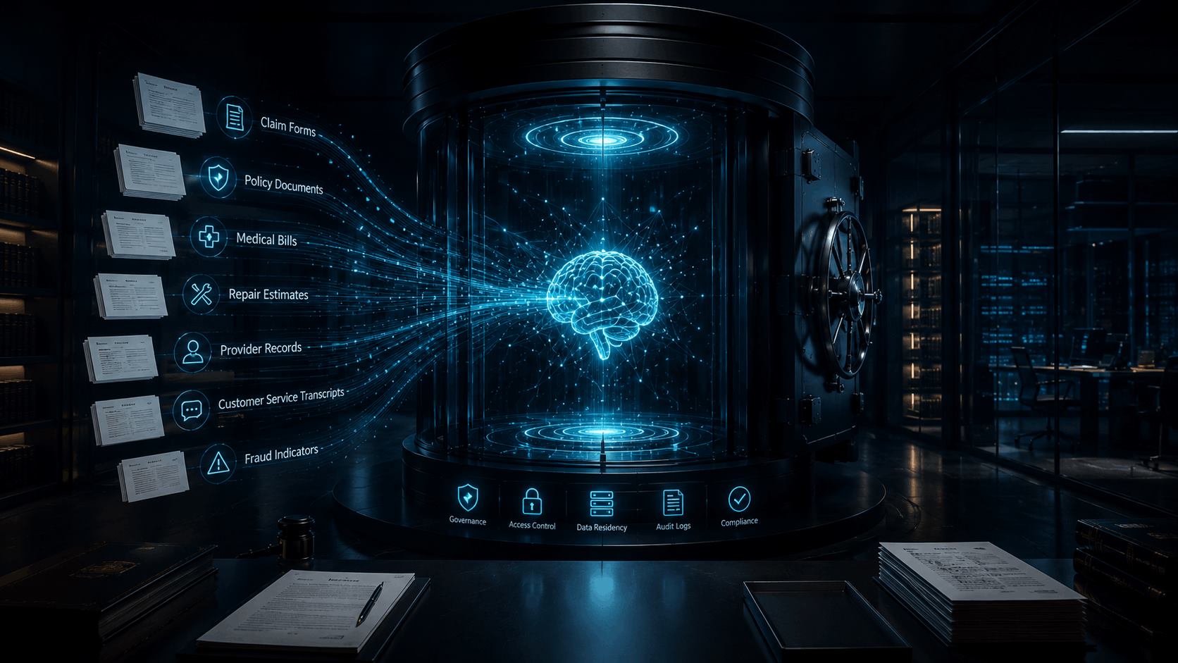 Private insurance AI data control architecture with claim forms, policy documents, medical bills, repair estimates, provider records, customer service transcripts, fraud indicators, governance, access control, data residency, audit logs, and compliance