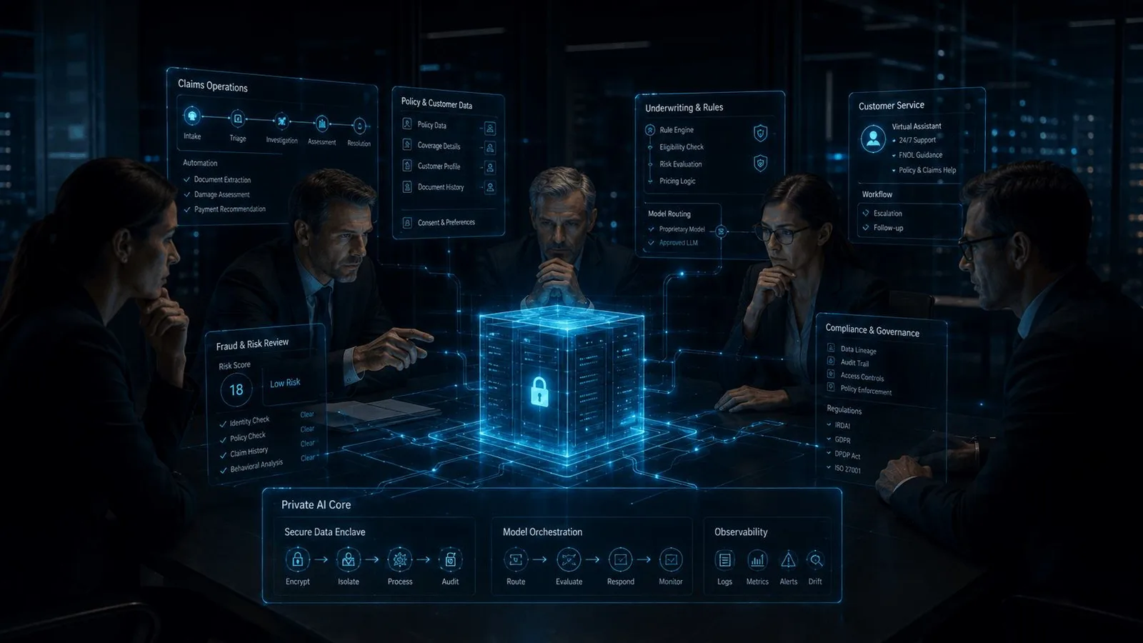 Insurance AI governance architecture with secure data enclave, claims operations, fraud review, underwriting rules, and compliance controls