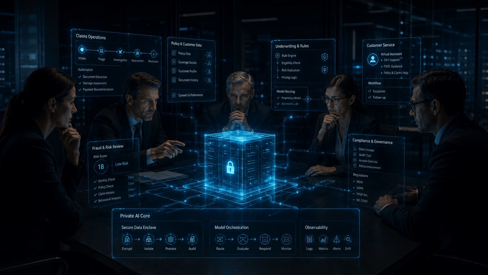 Insurance AI governance architecture with secure data enclave, claims operations, fraud review, underwriting rules, and compliance controls