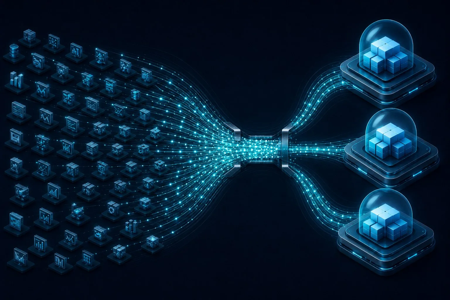 Many enterprise data sources and workflows funnel through one narrow bottleneck into three anonymous external frontier-model cores.