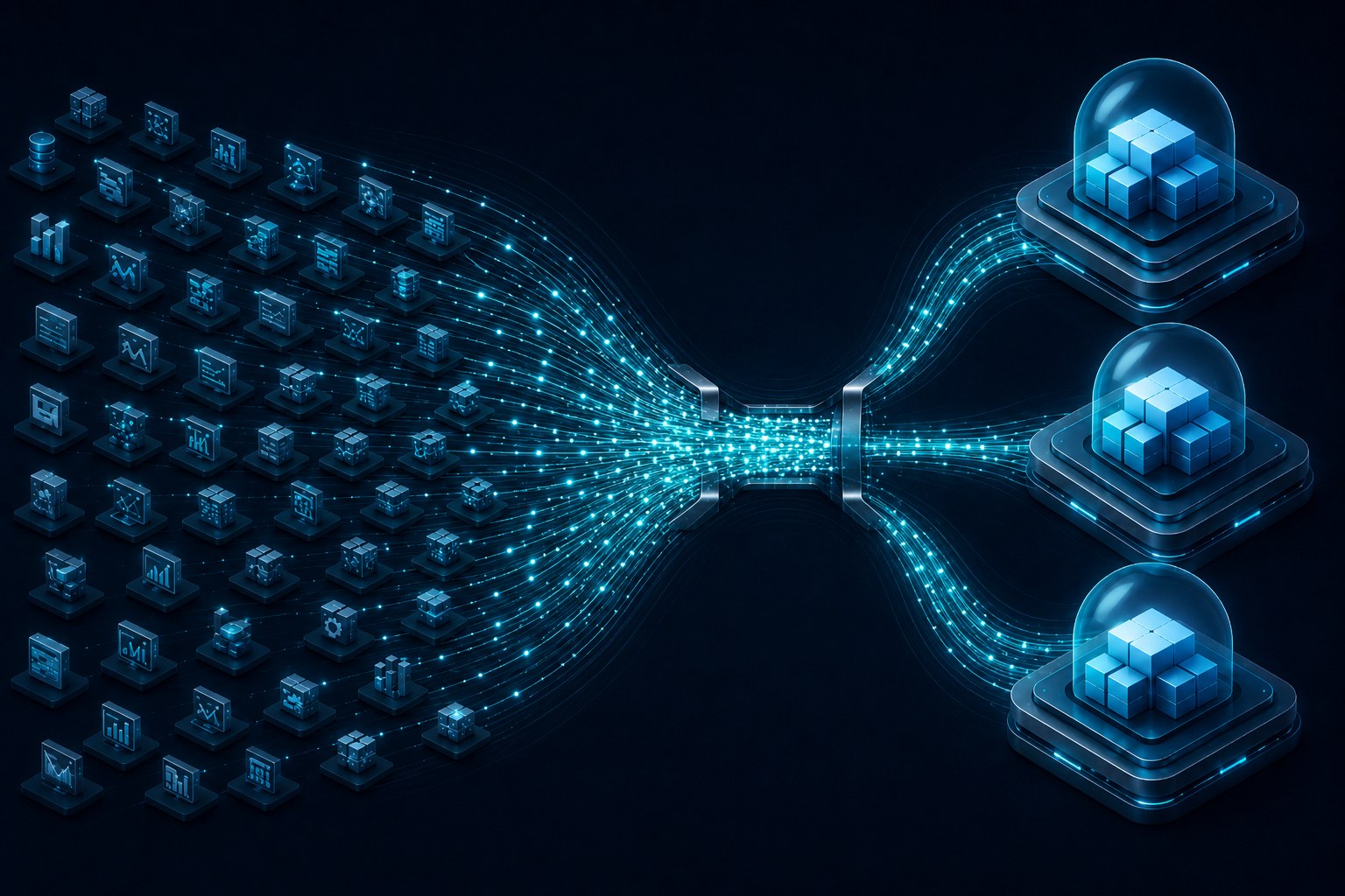 Many enterprise data sources and workflows funnel through one narrow bottleneck into three anonymous external frontier-model cores.