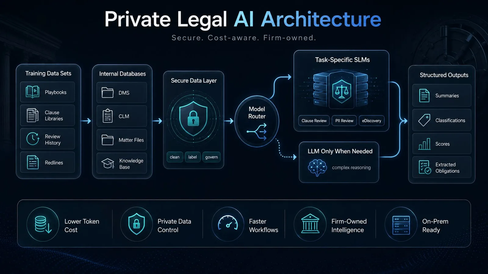 Private Legal AI Architecture showing secure data layers, model routing, task-specific SLMs, and structured legal outputs