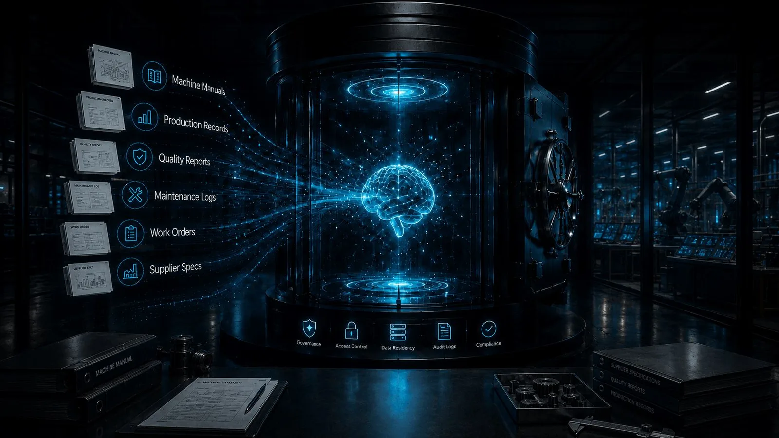 Private manufacturing AI data control architecture with machine manuals, production records, quality reports, maintenance logs, work orders, supplier specs, governance, access control, data residency, audit logs, and compliance