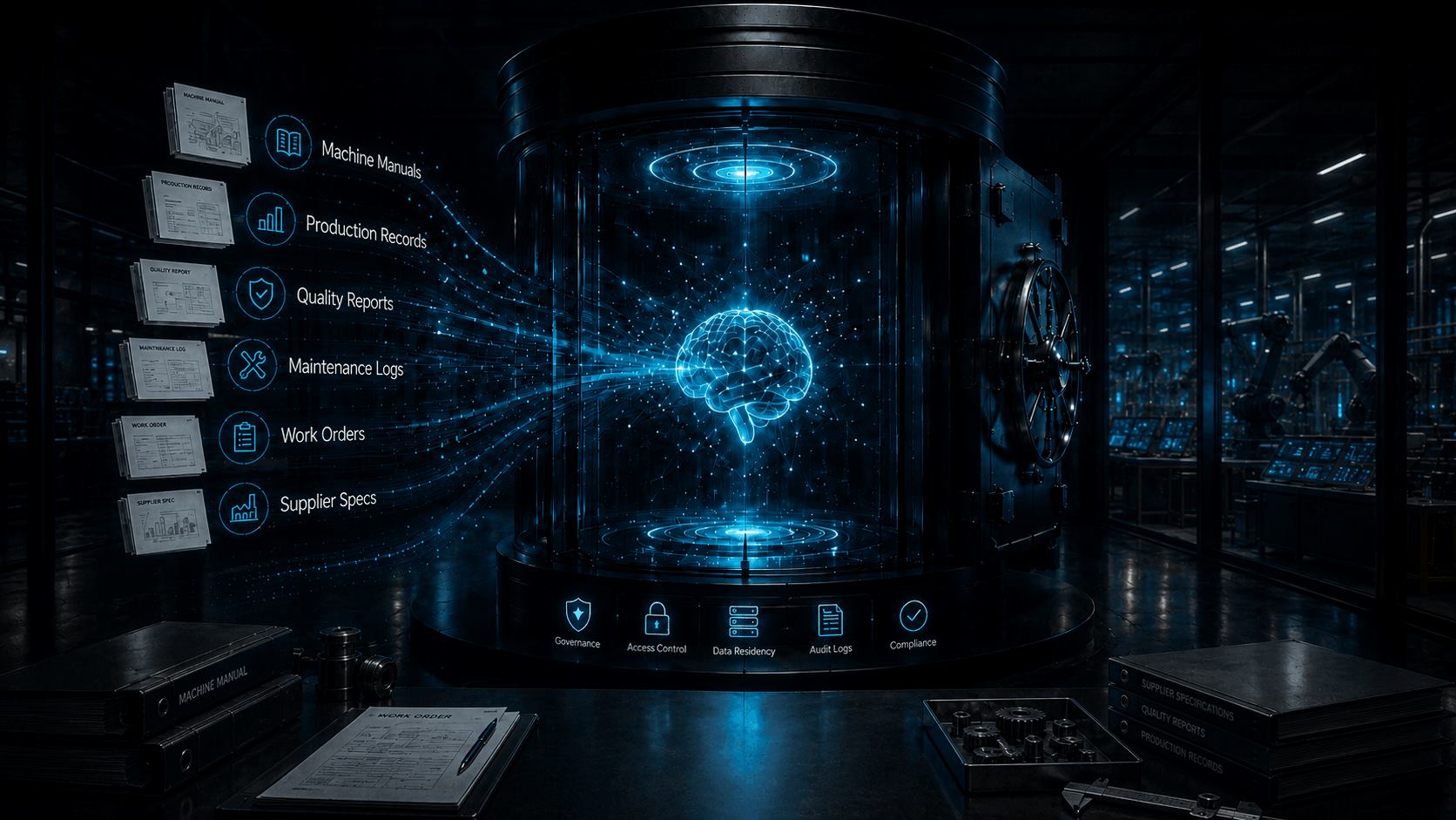 Private manufacturing AI data control architecture with machine manuals, production records, quality reports, maintenance logs, work orders, supplier specs, governance, access control, data residency, audit logs, and compliance