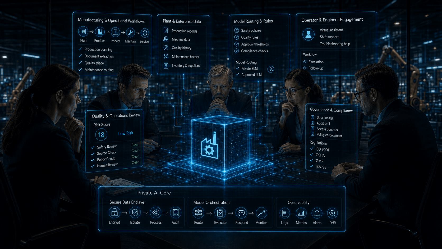 Manufacturing AI governance architecture with plant workflows, enterprise data, model routing, operator engagement, quality review, compliance controls, and observability