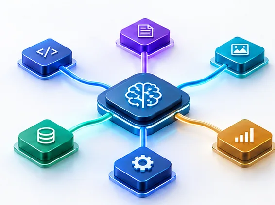 Illustration: AI model connected to code, documents, images, data, tools and analytics