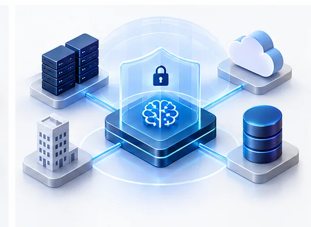 Illustration: A protected enterprise intelligence layer connected to private infrastructure, cloud and data