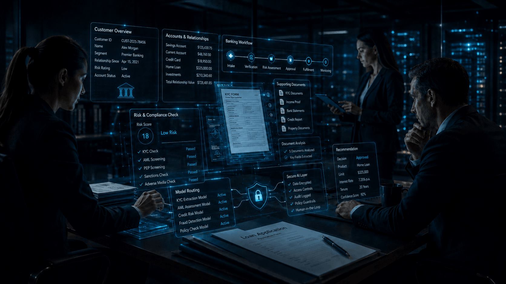 Private AI agents for banking and financial services reviewing customer profiles, KYC documents, loan files, risk checks, model routing, and secure banking workflows