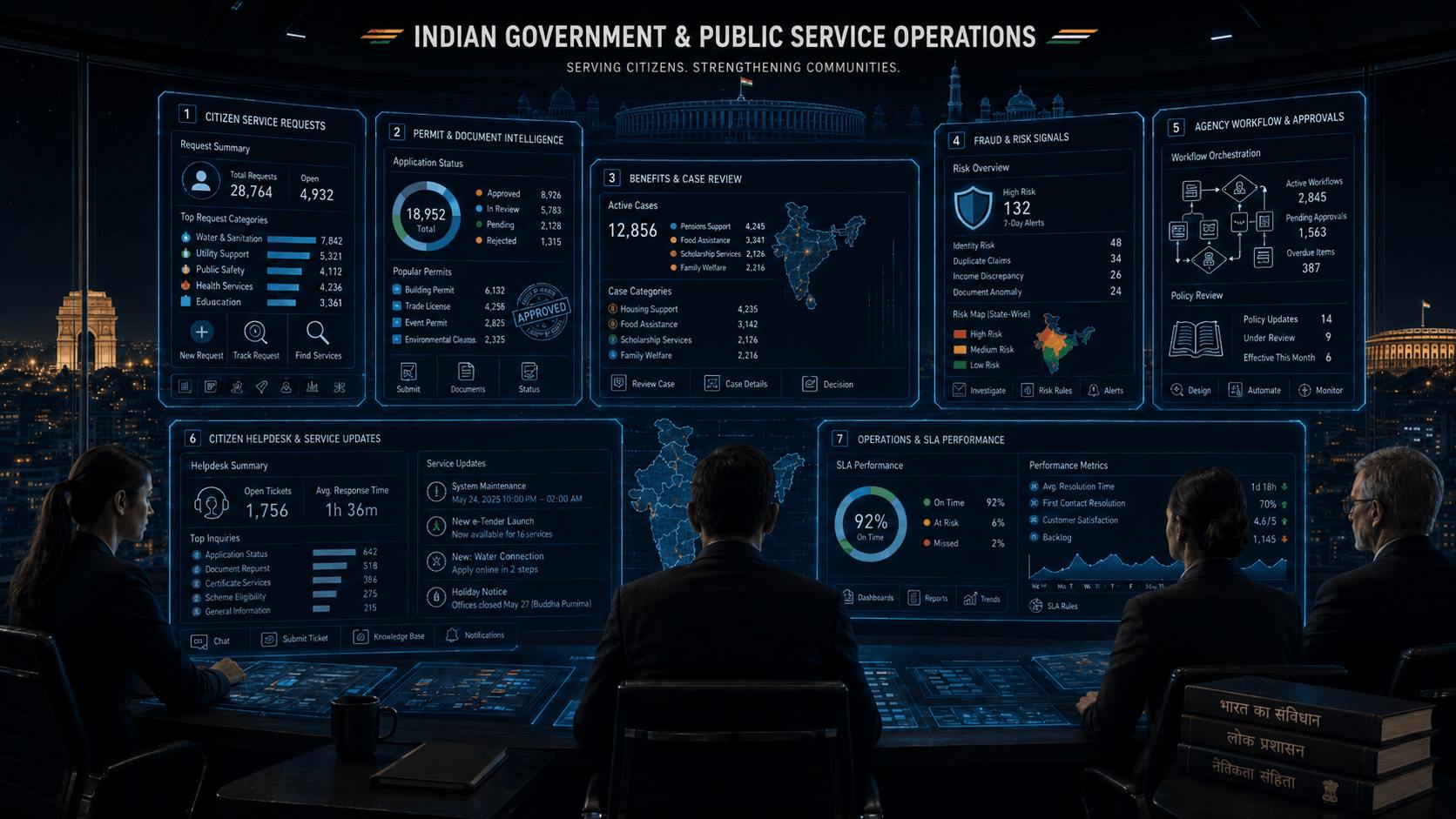 Private AI agents for Indian government and public service operations with citizen service requests, permit intelligence, benefits case review, fraud signals, agency workflows, and SLA performance