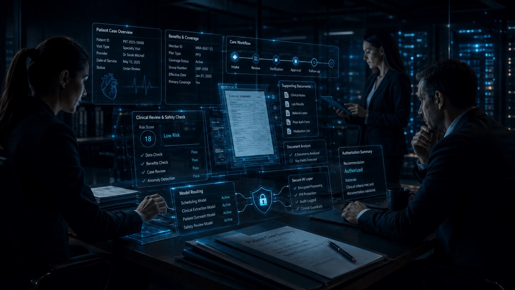 Private AI agents for healthcare and pharma reviewing patient cases, clinical documents, benefits, safety checks, care workflows, and secure model routing