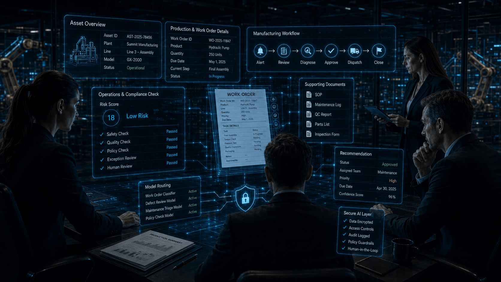 Private AI agents for manufacturing reviewing asset data, production work orders, manufacturing workflows, supporting documents, model routing, and secure AI recommendations