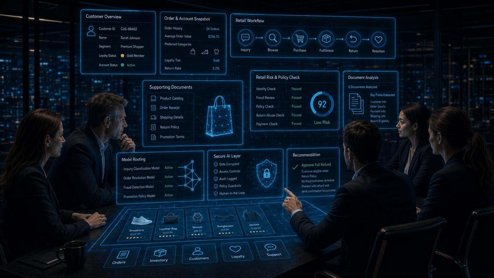 Private AI agents for retail and consumer products reviewing customer profiles, order history, retail workflows, document analysis, policy checks, and secure AI recommendations