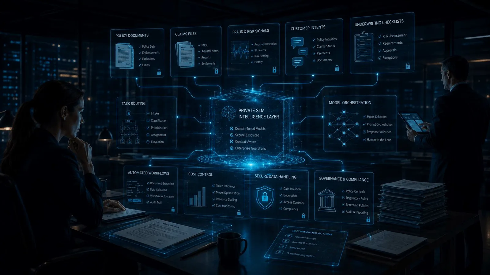 Private SLM intelligence layer connected to insurance policy documents, claims files, fraud signals, customer intents, underwriting checklists, and governance controls