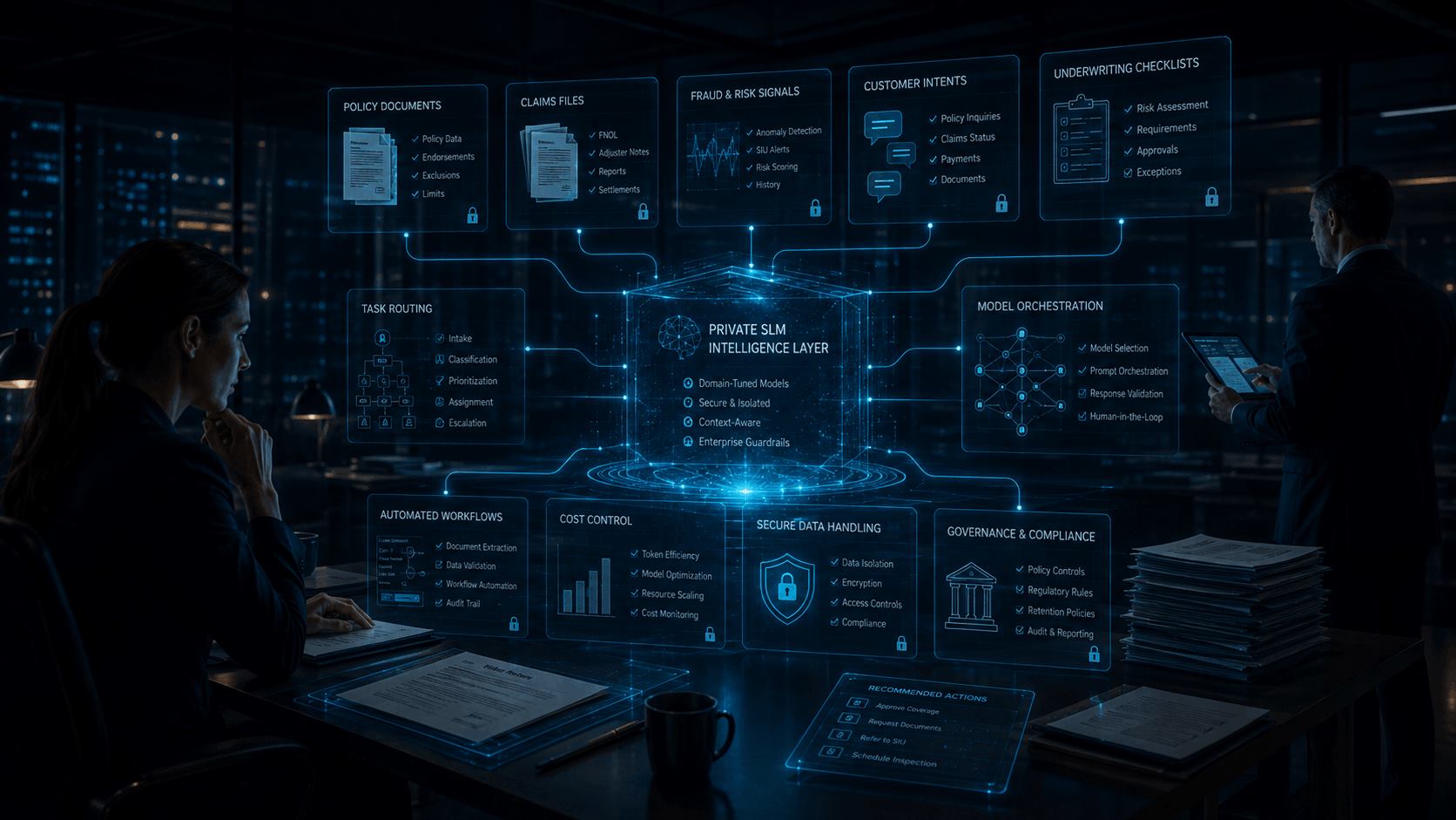 Private SLM intelligence layer connected to insurance policy documents, claims files, fraud signals, customer intents, underwriting checklists, and governance controls