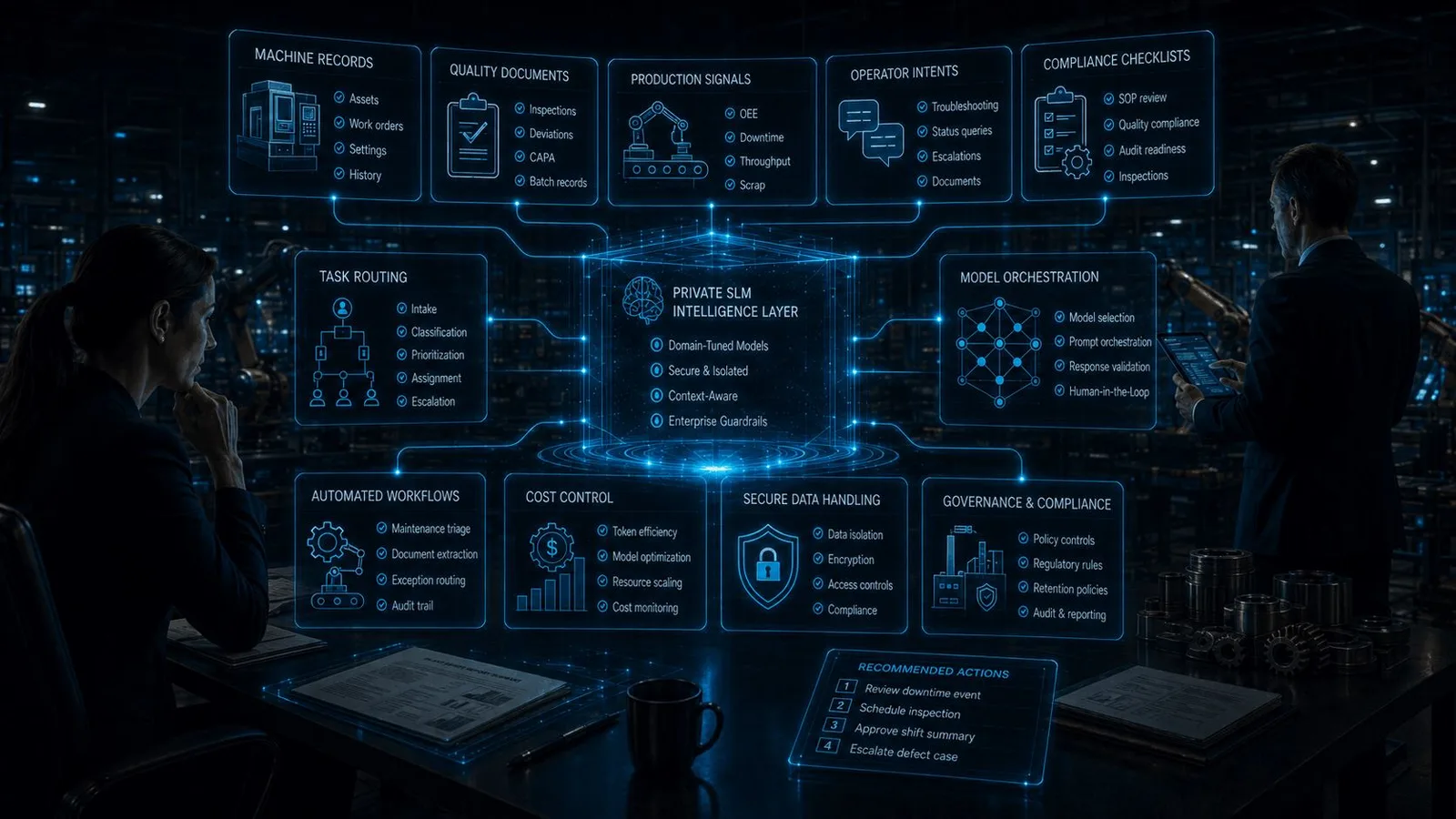 Private SLM intelligence layer connected to machine records, quality documents, production signals, operator intents, compliance checklists, task routing, model orchestration, secure data handling, and governance controls