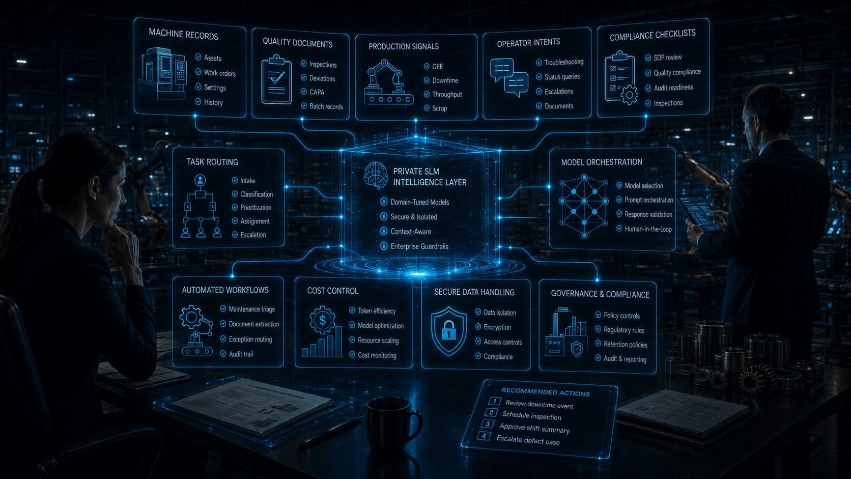 Private SLM intelligence layer connected to machine records, quality documents, production signals, operator intents, compliance checklists, task routing, model orchestration, secure data handling, and governance controls