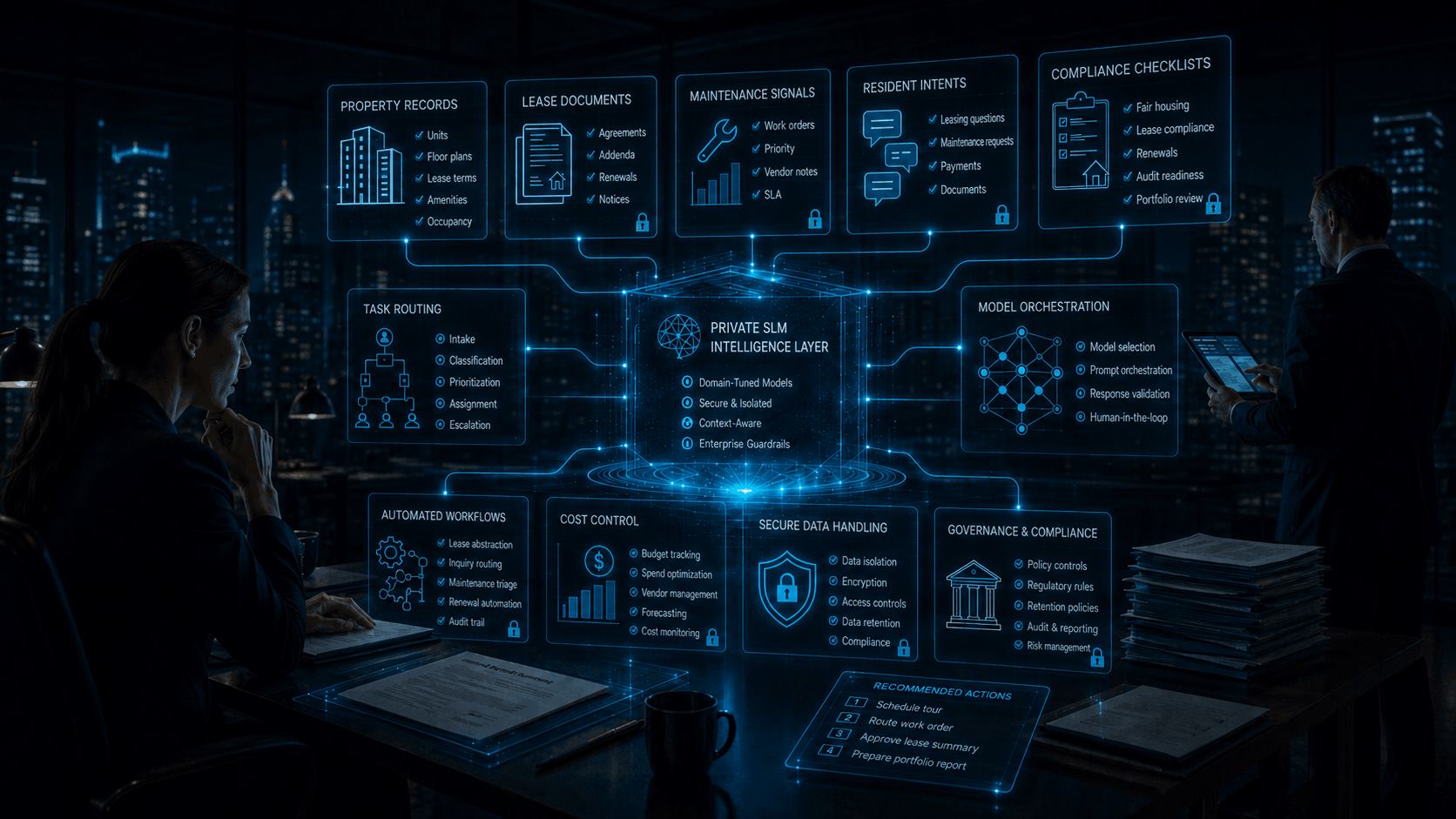 Private SLM intelligence layer connected to property records, lease documents, maintenance signals, resident intents, compliance checklists, task routing, model orchestration, secure data handling, and governance controls