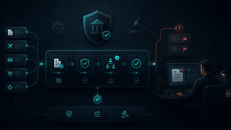 Governed claims workflow combining automated validation, exception flags, human review, security controls, and audit requirements