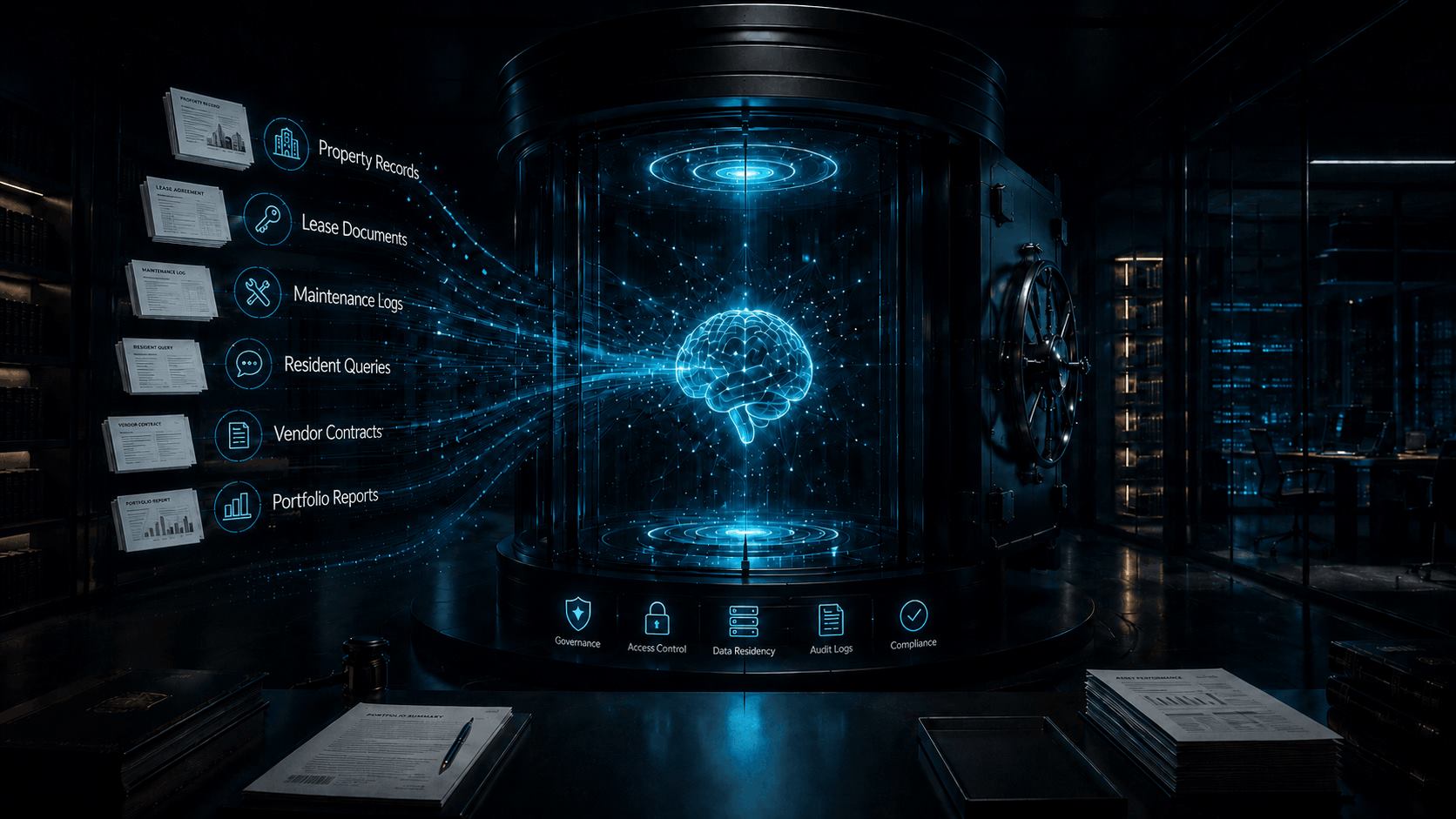 Private real estate AI data control architecture with property records, lease documents, maintenance logs, resident queries, vendor contracts, portfolio reports, governance, access control, data residency, audit logs, and compliance