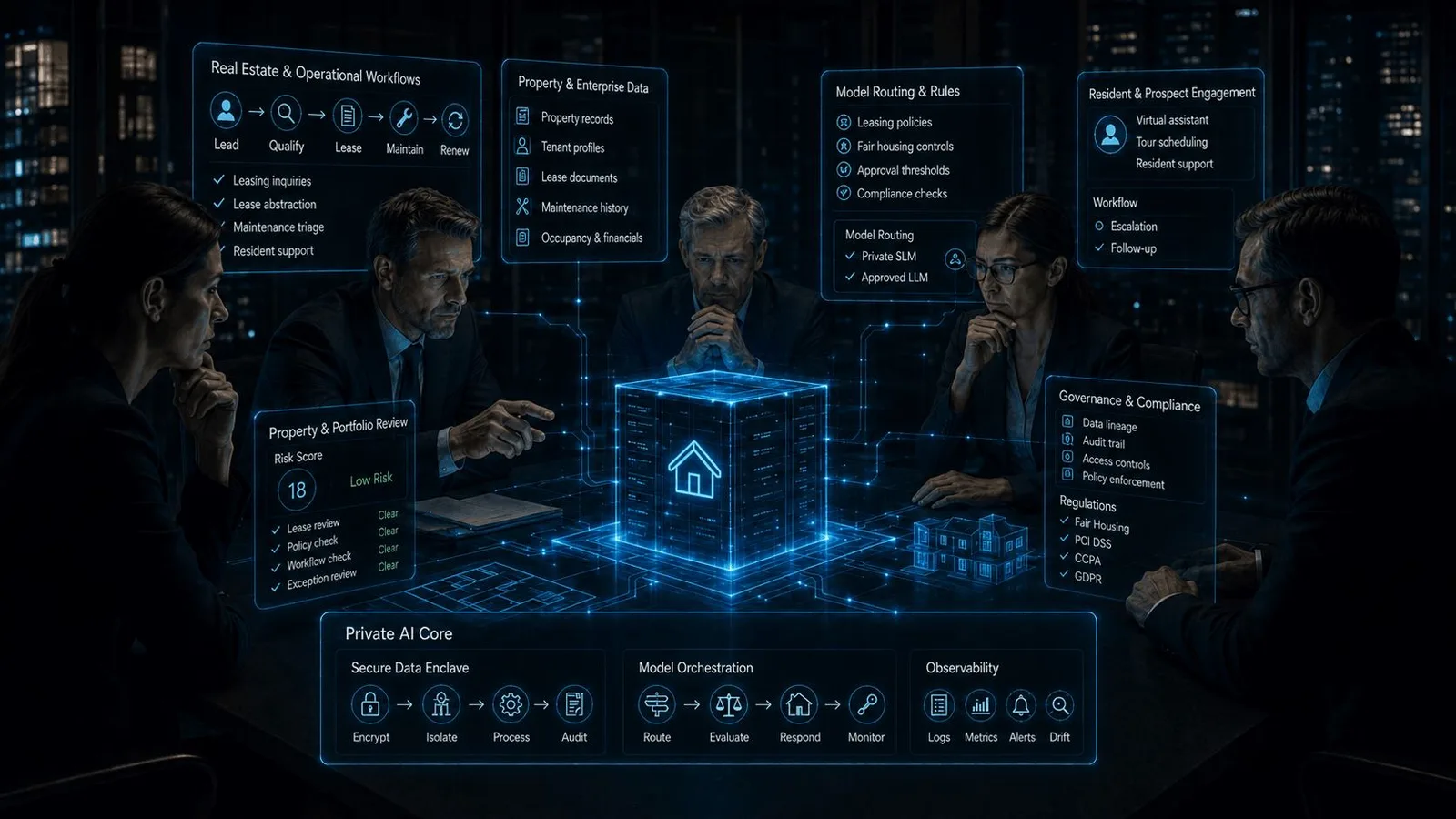 Real estate AI governance architecture with property workflows, enterprise data, model routing, resident engagement, portfolio review, compliance controls, and observability
