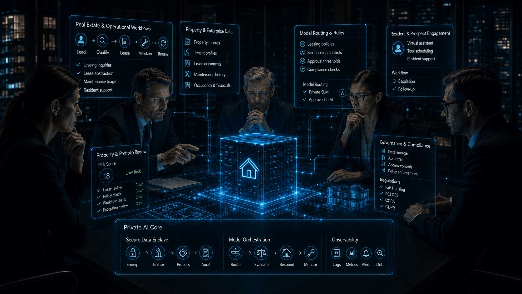Real estate AI governance architecture with property workflows, enterprise data, model routing, resident engagement, portfolio review, compliance controls, and observability