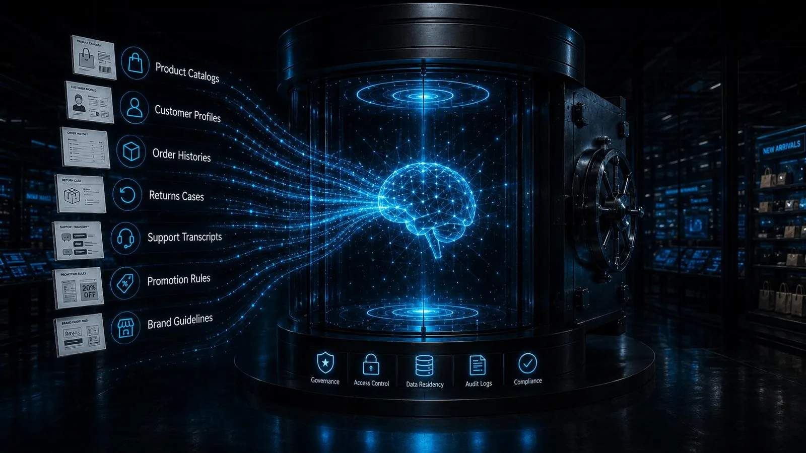 Private retail AI data control architecture with product catalogs, customer profiles, order histories, returns cases, support transcripts, promotion rules, brand guidelines, governance, access control, data residency, audit logs, and compliance